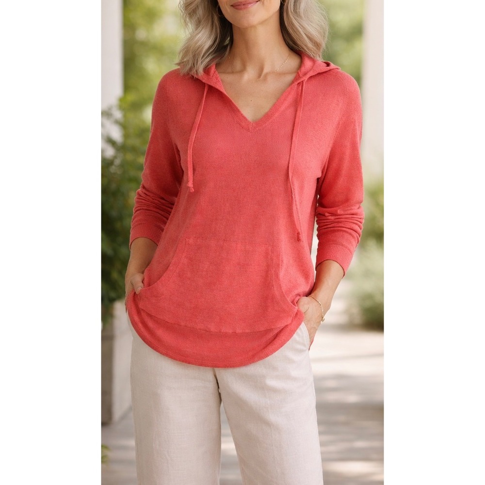 Eileen Fisher Womens XL Organic Linen‎ Knit Hoodie Orange V-Neck Sweater Costa
